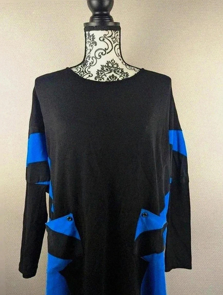 Tunique Alain Murati vintage noir et bleu – Coupe ample fluide taille (42) look chic
