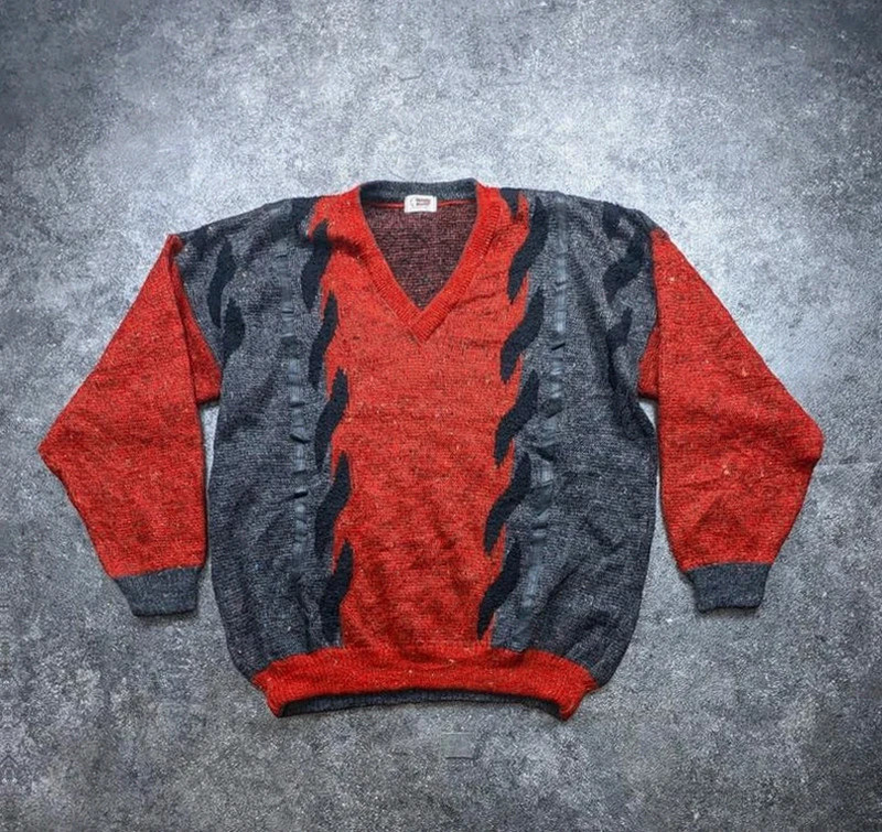 Pull vintage homme Tabicci laine Made in England rouge noir grandad crazy knit L/XL – Vintage Dressing – taille XL 2