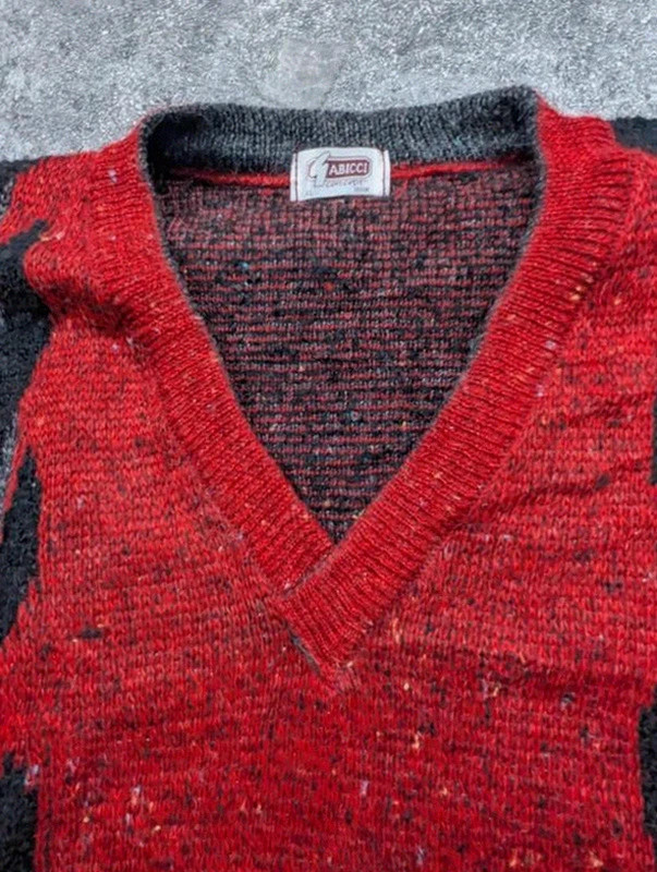 Pull vintage homme Tabicci laine Made in England rouge noir grandad crazy knit L/XL – Vintage Dressing – taille XL 3