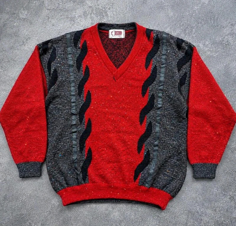 Pull vintage homme Tabicci laine Made in England rouge noir grandad crazy knit L/XL