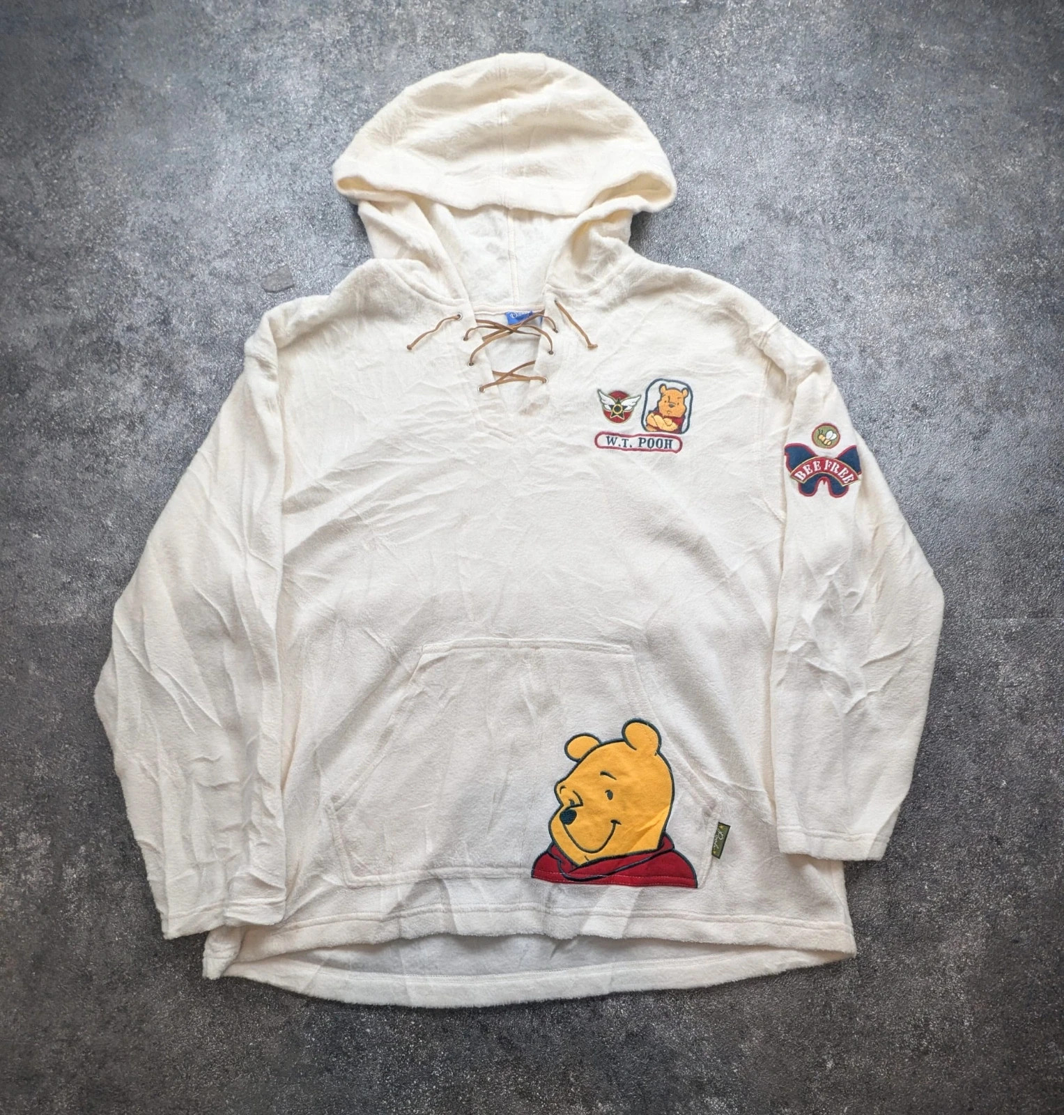 Disney Winnie l'Ourson polaire vintage écrue à capuche broderies W.T. Pooh L XL Y2K