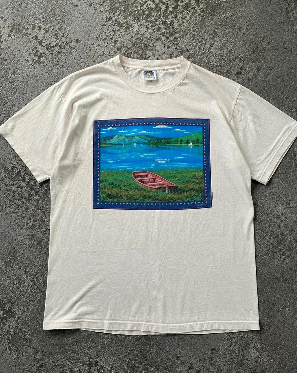 T-shirt Vintage Tradewinds Single Stitch 90s Art Print Paysage Barque Usa Homme L