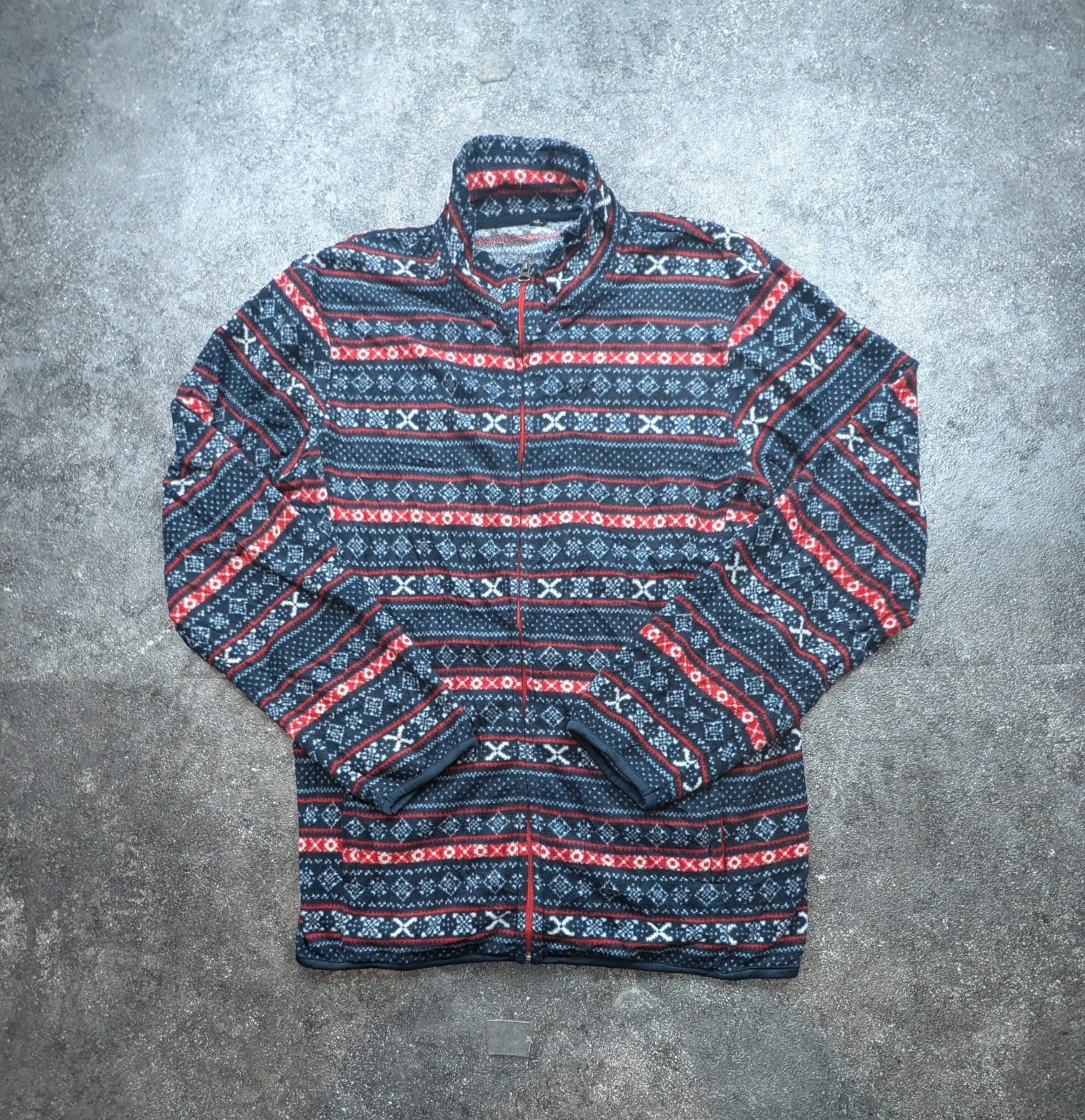 Uniqlo veste polaire fine Crazy Fleece motifs nordiques bleu marine rouge L rétro outdoor – Uniqlo – taille L 2