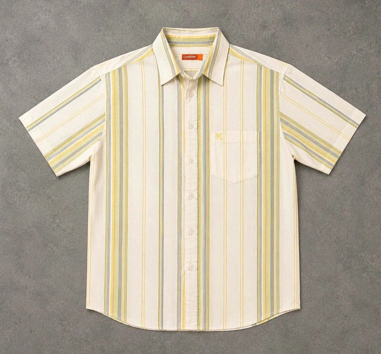 Chemise Oxbow L Rayée Beige Vert Homme 100 % Coton Manches Courtes Casual Surf Vintage
