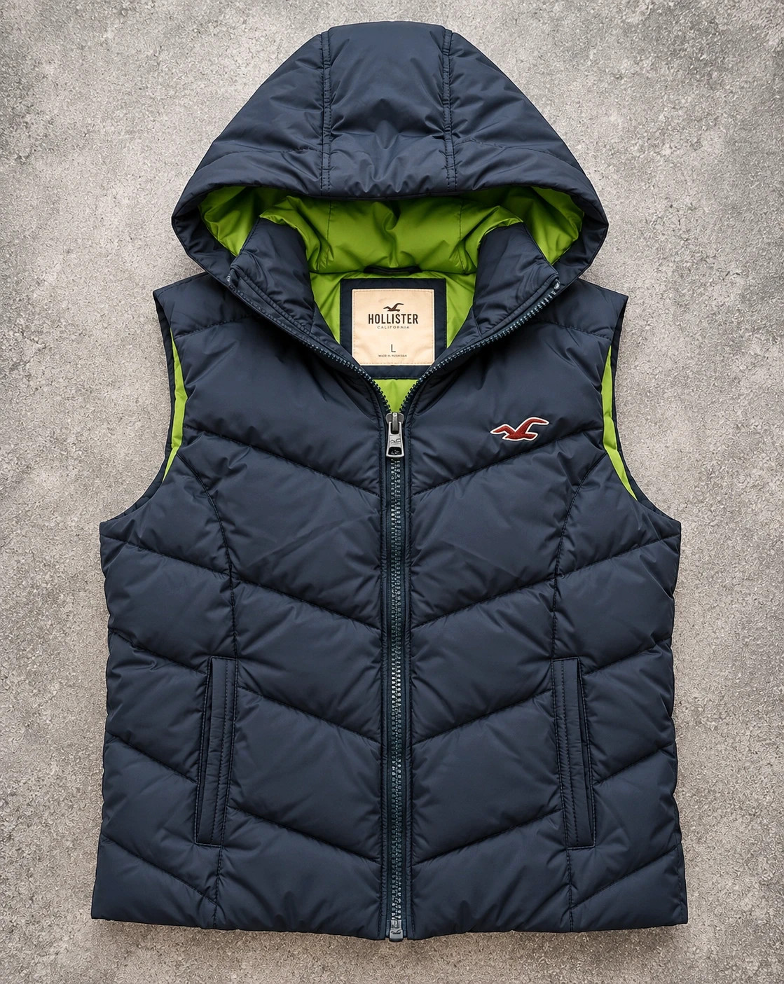 Doudoune sans manches Hollister California à capuche – Bleu marine – Duvet & plumes – Taille L (S/M)