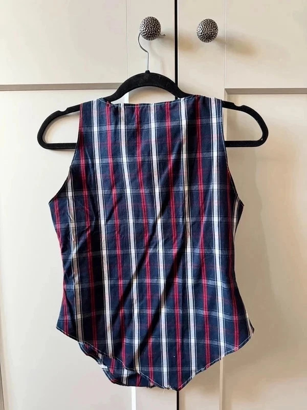 Top asymétrique upcyclé unique d'inspiration Japandi carreaux – Vintage Dressing – taille XS / 34 / 6 2