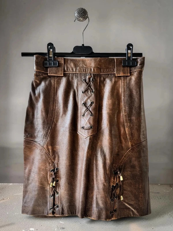 Jupe corset vintage cuir marron lacets style pirate made in Italy