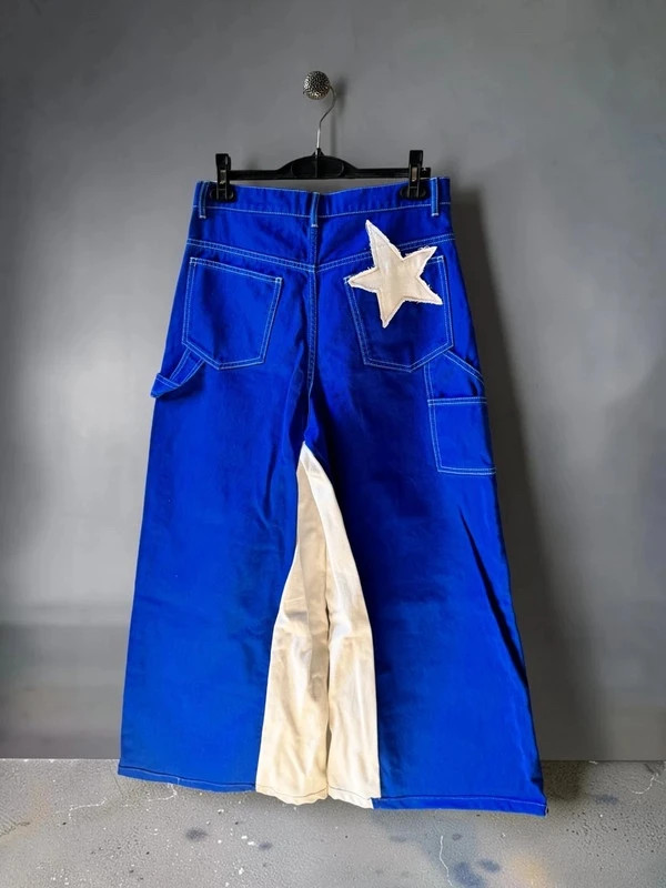 Pantalon baggy workwear custom upcycling étoile bleu blanc