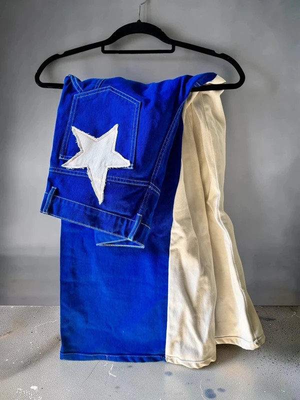 Pantalon baggy workwear custom upcycling étoile bleu blanc – Vintage Dressing – taille M / 38 / 10 2