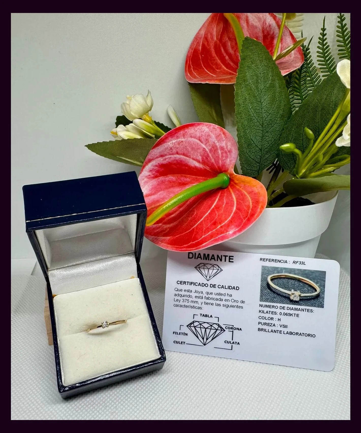 Anillo solitario con diamante, oro 9kt , 375 ,se envía con caja y certificado 🦋