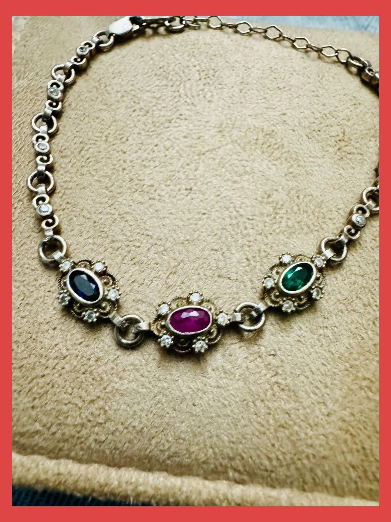Pulsera plata 925 vintage con piedras preciosas Zafiro , Rubie,esmeralda 🦋 – Vintage Dressing 2