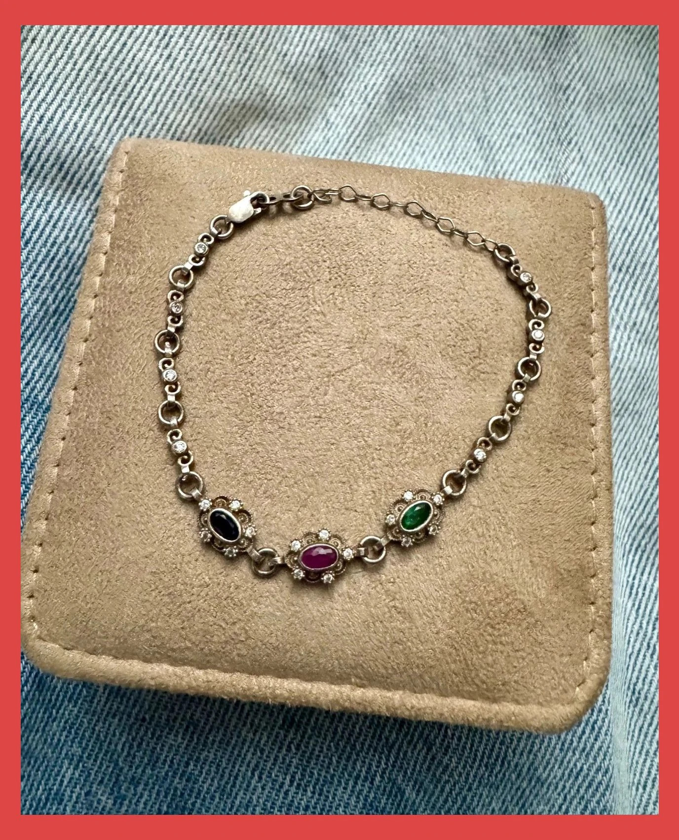 Pulsera plata 925 vintage con piedras preciosas Zafiro , Rubie,esmeralda 🦋