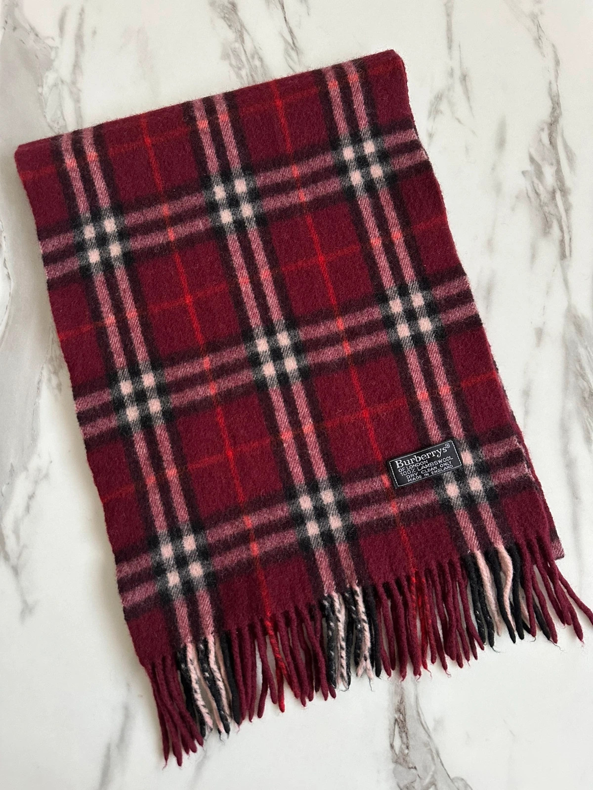 Vintage écharpe🧣scarf Burberry bordeaux burgundy à carreaux tartan 100% Laine d'agneau lambswool
