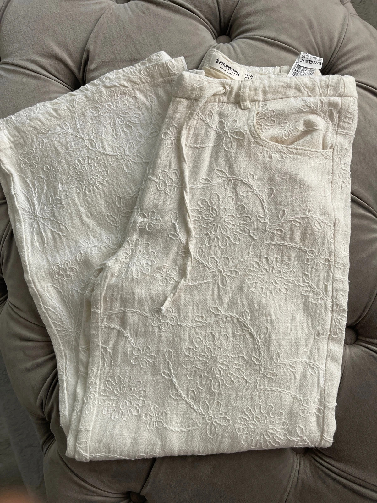 Pantalón ancho de lino color crema – Stradivarius – taille XS / 34 / 6 3