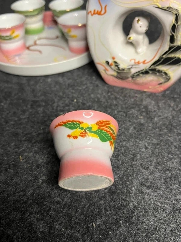Service porcelaine japonaise vintage phénix rose et or, 5 tasses et plateau – Japan Style 3