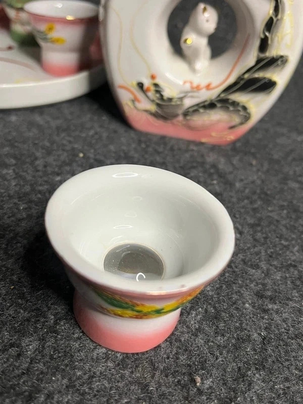 Service porcelaine japonaise vintage phénix rose et or, 5 tasses et plateau – Japan Style 5