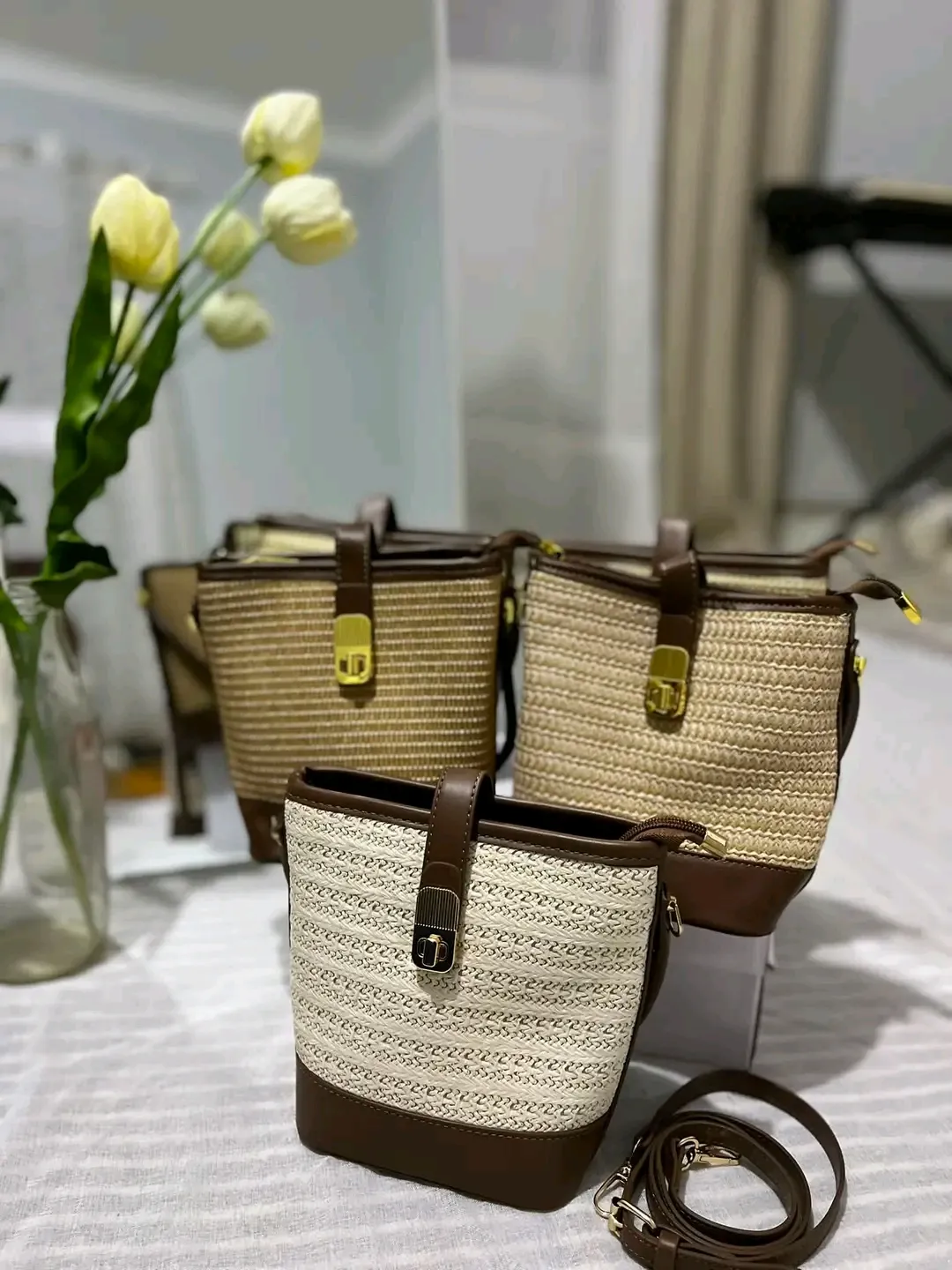 Sac bandoulière paille et cuir marron 3