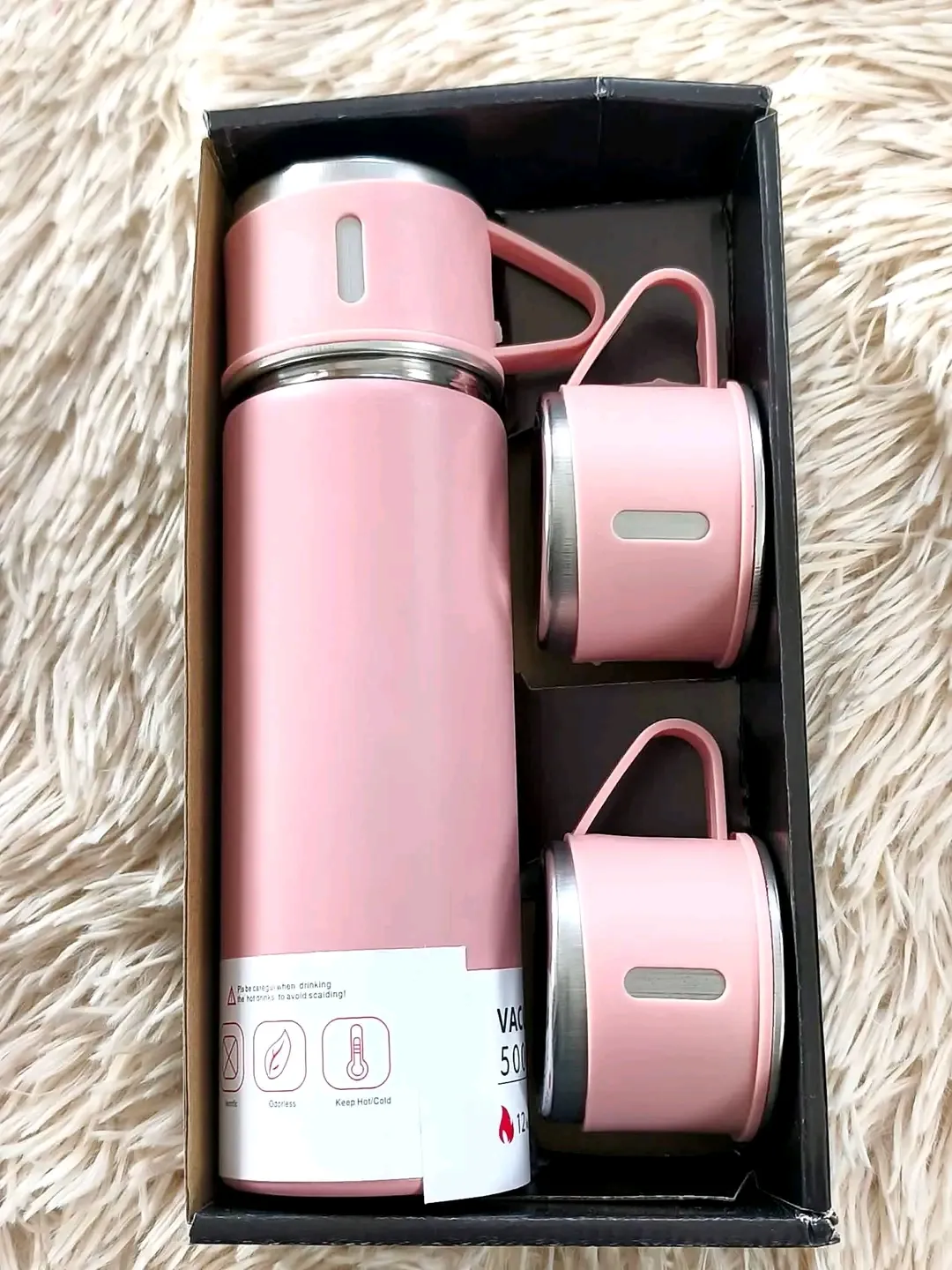 Thermos isotherme rose avec 2 tasses
