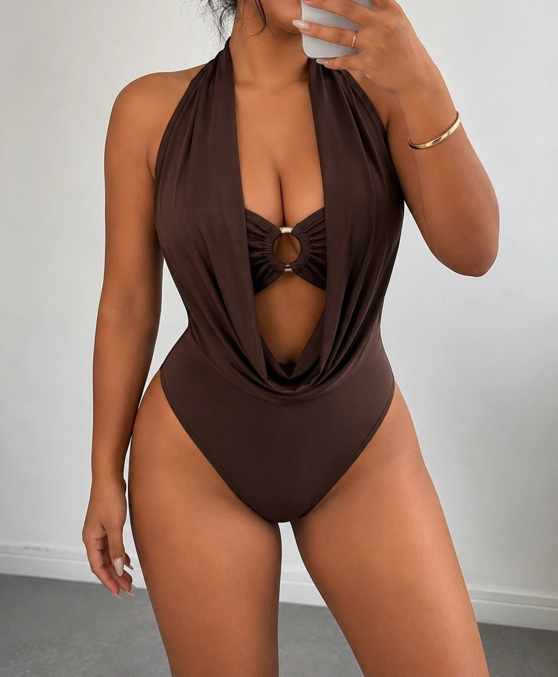 Maillot de bain 1 pièce marron chocolat – Décolleté plongeant – Taille XL – velina – taille XL / 42 / 14 3