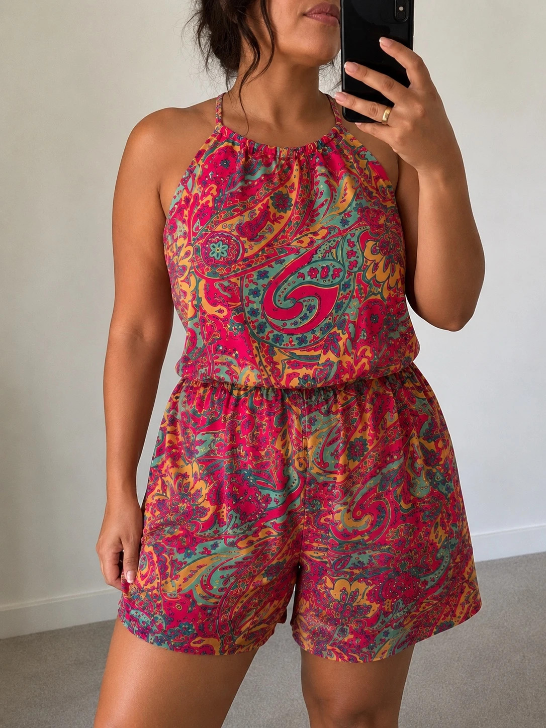 Combishort femme bohème imprimé cachemire rose – Taille XL – velina – taille XL / 42 / 14 3