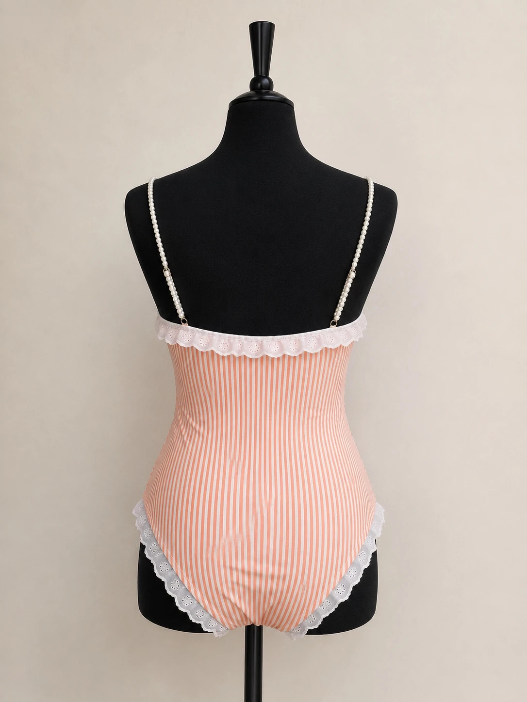 Maillot de bain 1 pièce rayé rose & blanc – Dentelle & perles – Taille XL – velina – taille XL / 42 / 14 2