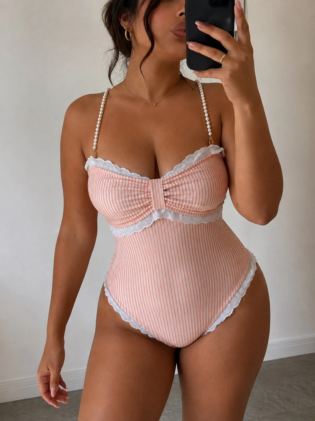 Maillot de bain 1 pièce rayé rose & blanc – Dentelle & perles – Taille XL – velina – taille XL / 42 / 14 3