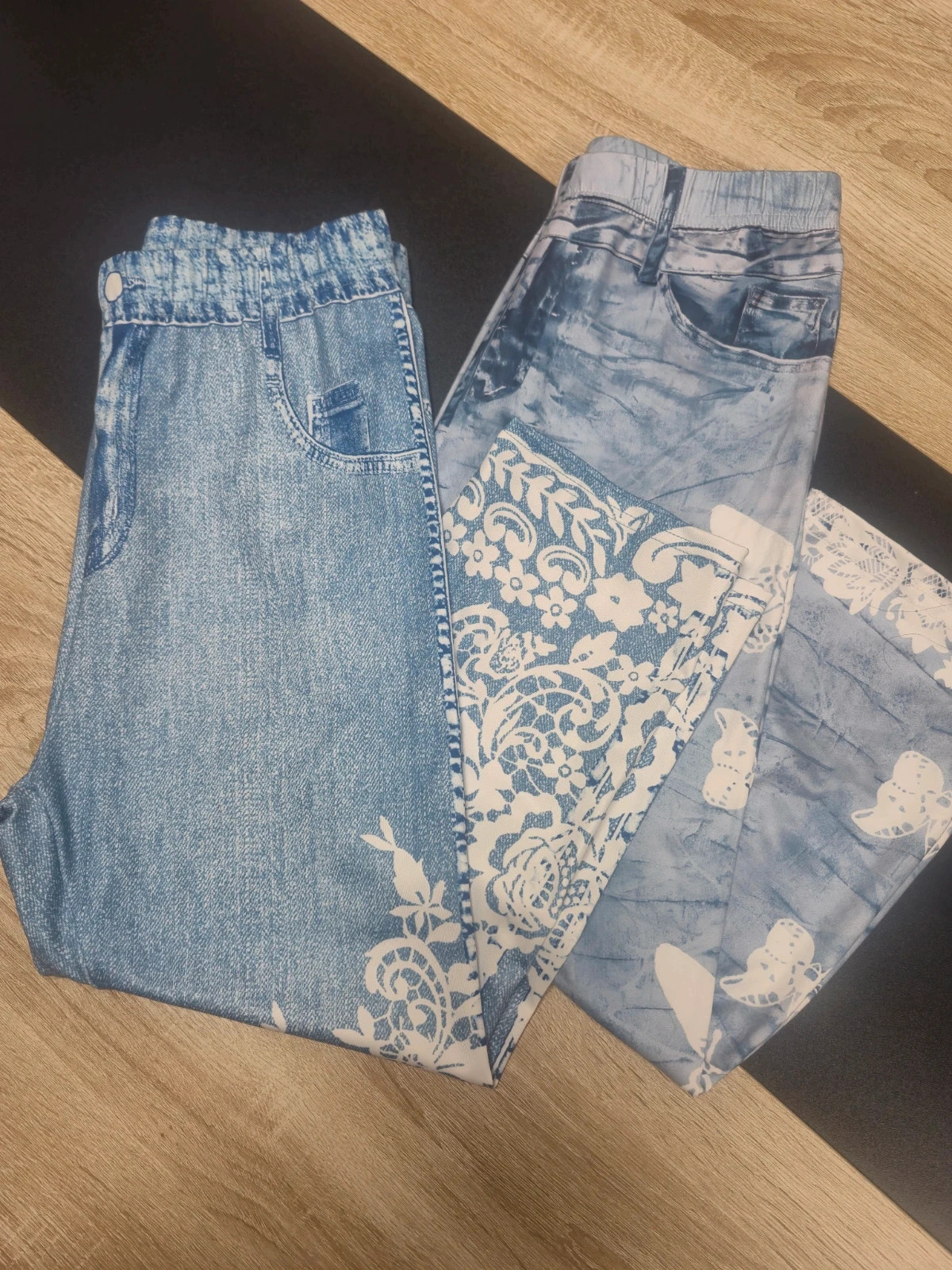 Lot de 2 jeggings / leggings effet denim motifs dentelle et papillons – Vintage Dressing – taille S / 36 / 8 3