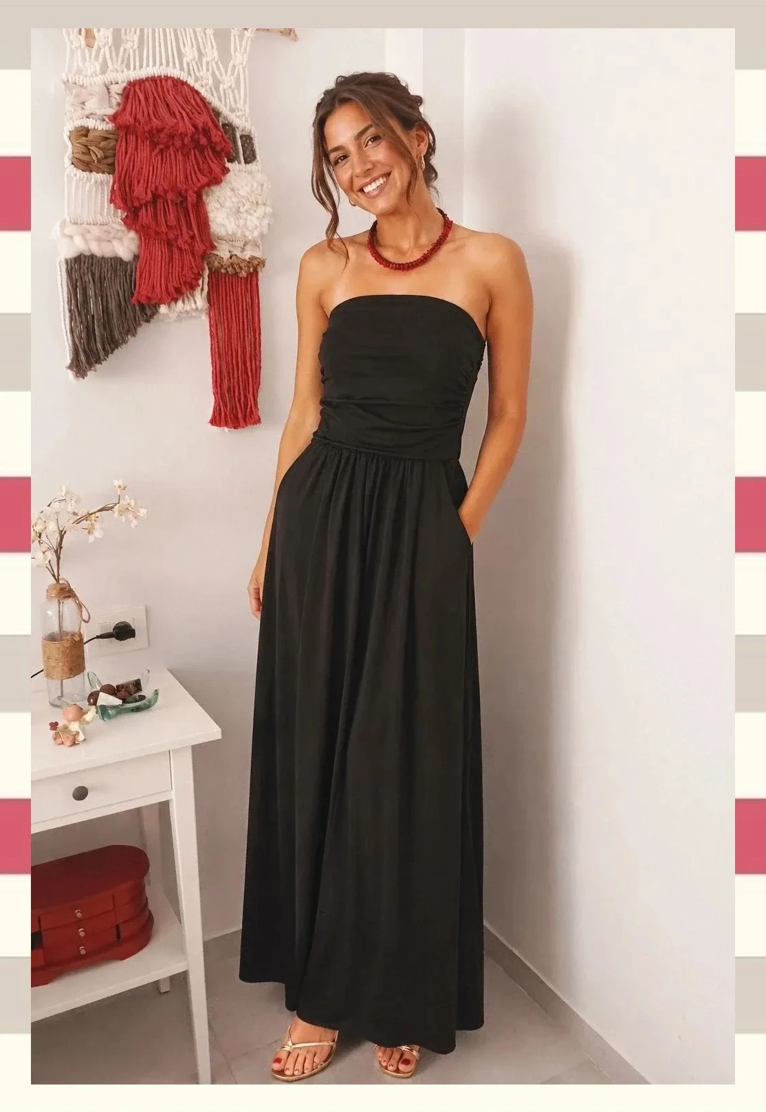 Vestido Largo Strapless Negro con Bolsillos – Vintage Boutique – taille M / 38 / 10 2
