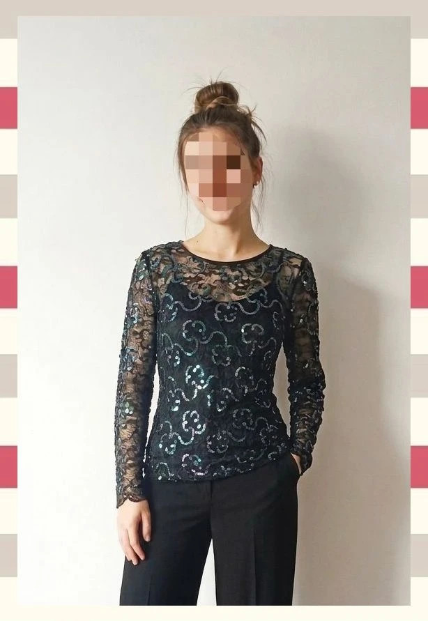 Blusa de Encaje Negra con Lentejuelas Tornasoladas – Vintage Boutique – taille M / 38 / 10 2