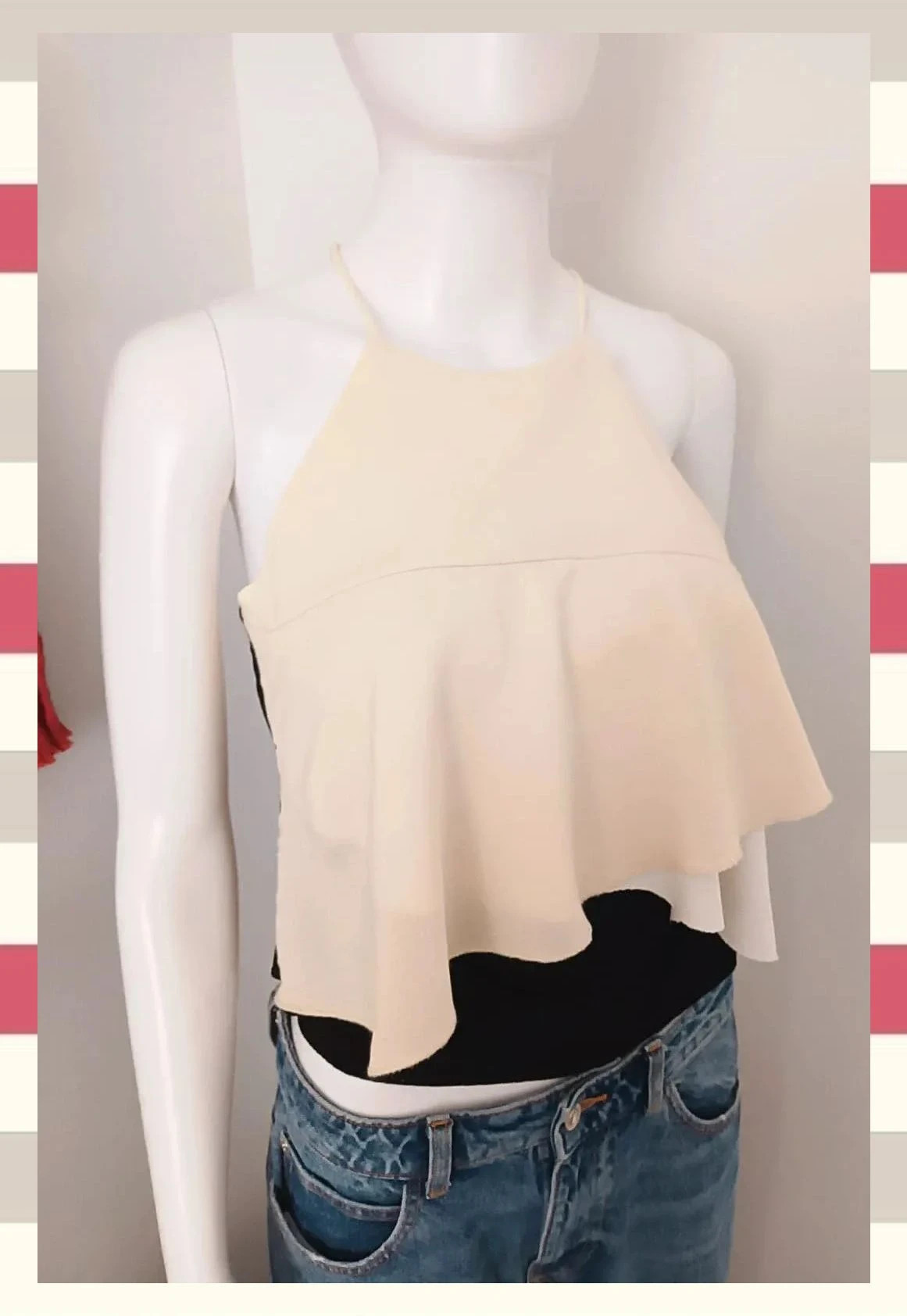 Top Halter Tri-Capa Beige Blanco y negro – Vintage Boutique – taille S / 36 / 8 5