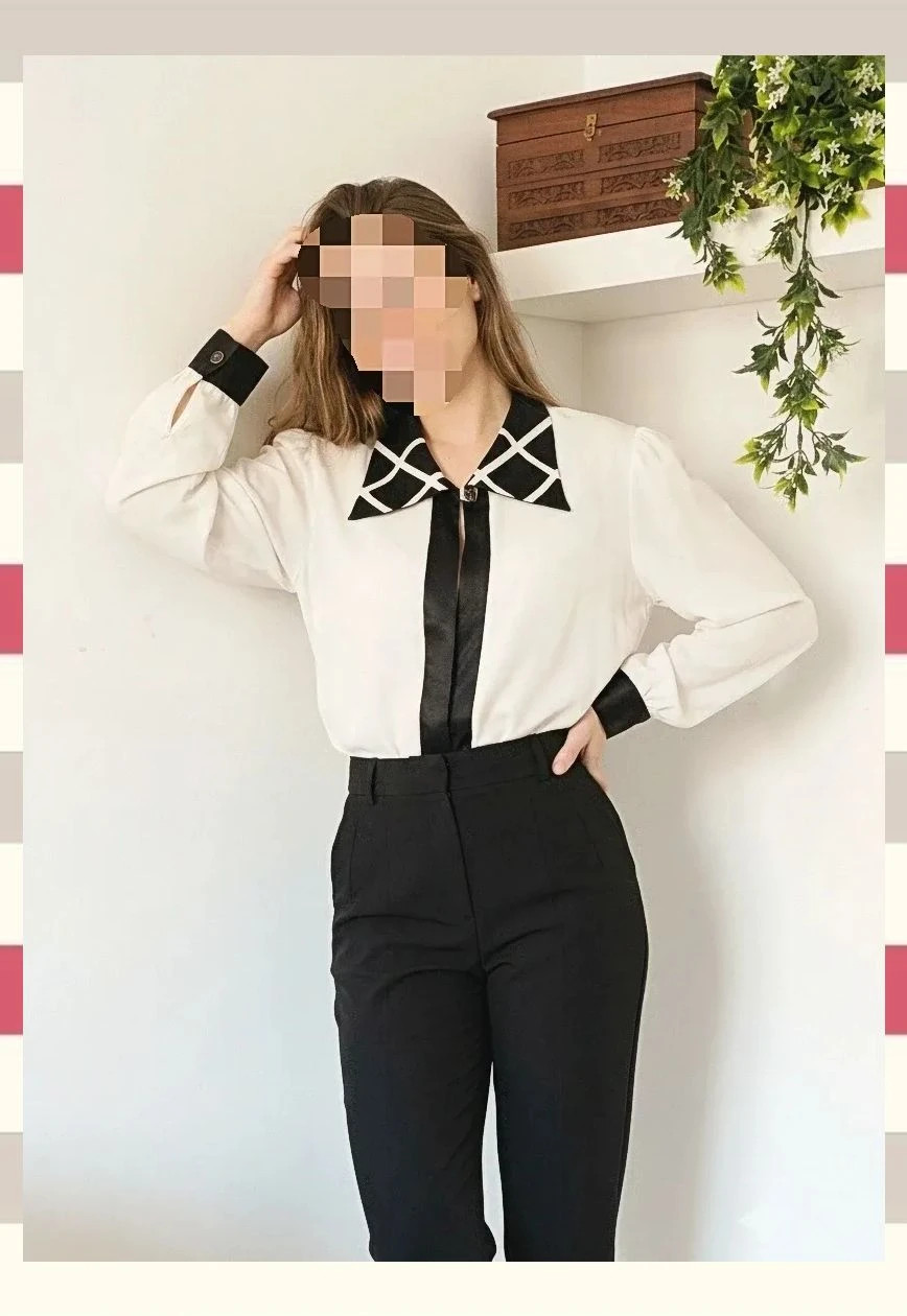 Elegante Blusa Vintage Blanco y Negro Estilo Retro Chic – Cadeneta – taille XXL / 44 / 16 2
