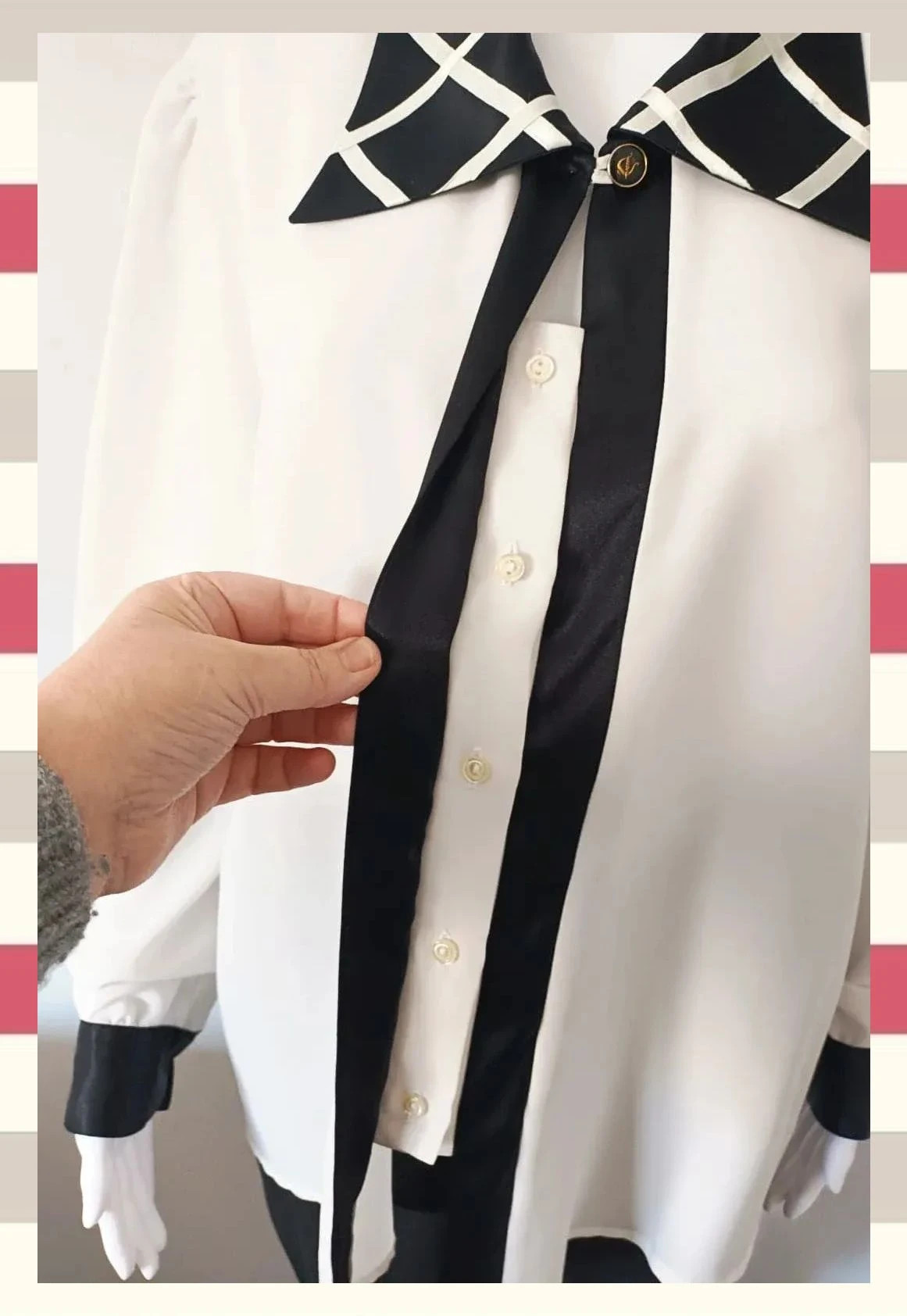 Elegante Blusa Vintage Blanco y Negro Estilo Retro Chic – Cadeneta – taille XXL / 44 / 16 5