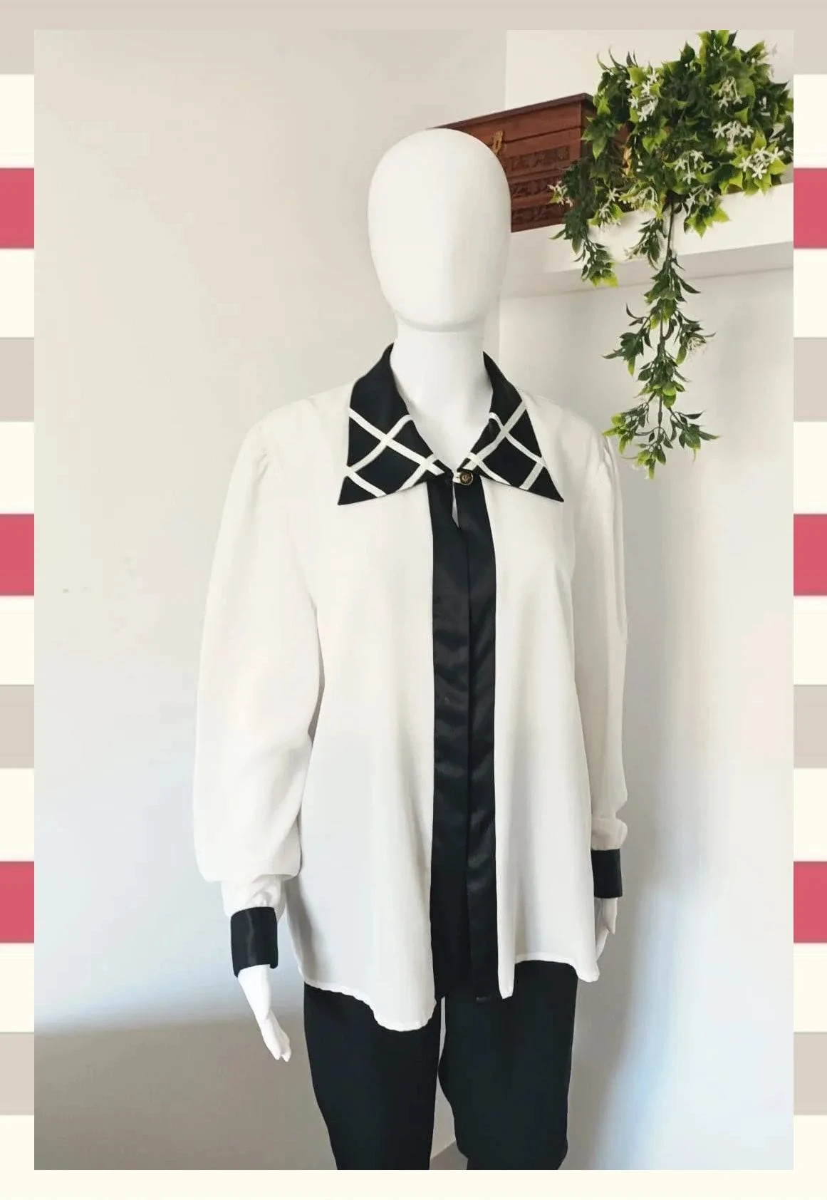 Elegante Blusa Vintage Blanco y Negro Estilo Retro Chic – Cadeneta – taille XXL / 44 / 16