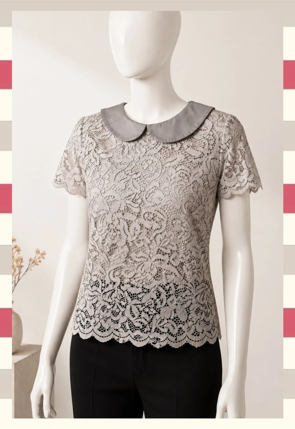 Blusa Exclusiva Encaje Cuello Bebe satinado T.M. – Vintage Boutique – taille M / 38 / 10 3