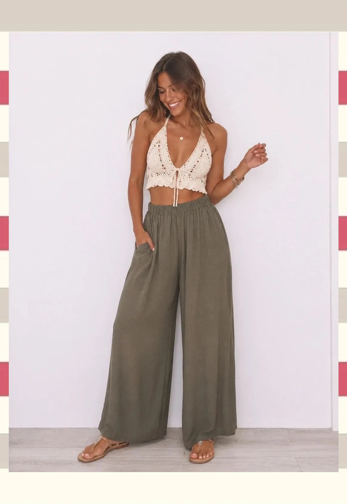 Pantalón Palazzo Fluido Verde Caqui – Boutique Bohéme – taille XXL / 44 / 16 3