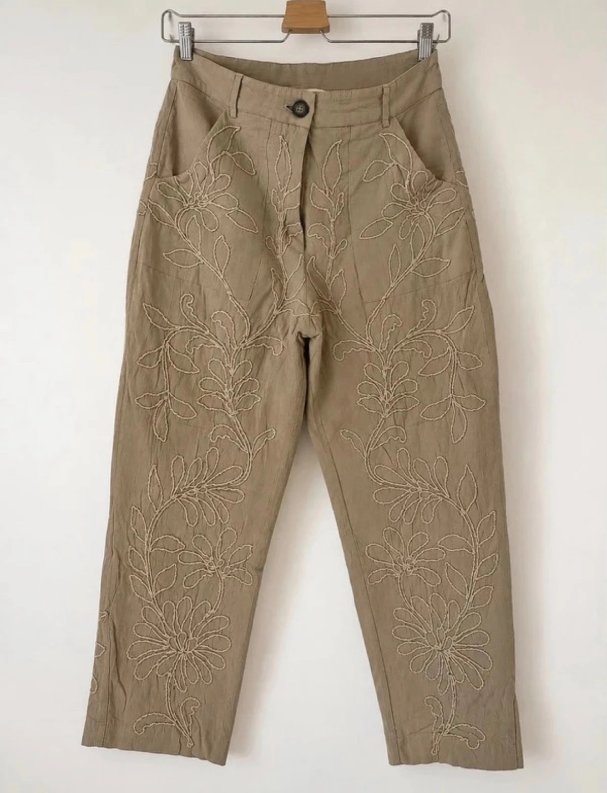 Pantalon Zara gris brodé fleurs - Taille S - Neuf