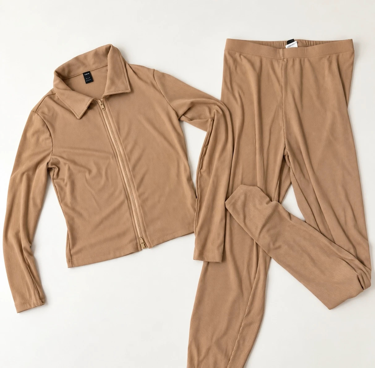 Ensemble SHEIN beige côtelé veste zippée + legging taille M