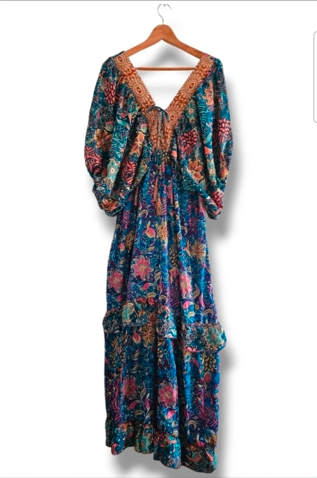 Vestido Maxi Talla Única 46/48 | Azul Multicolor | Boho Ibicenco Romántico Floral Manga Globo – Local – taille Taille unique 2