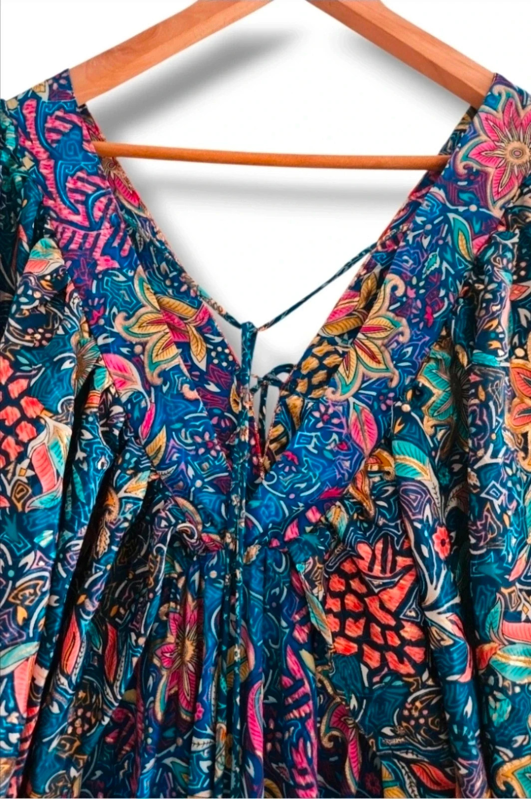Vestido Maxi Talla Única 46/48 | Azul Multicolor | Boho Ibicenco Romántico Floral Manga Globo – Local – taille Taille unique 5