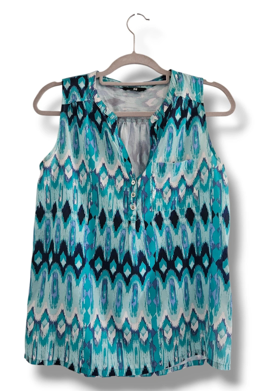 Blusa H&M Talla M | Turquesa | Boho Étnico Ikat Colorful Verano Sin Mangas – H&M – taille M / 38 / 10