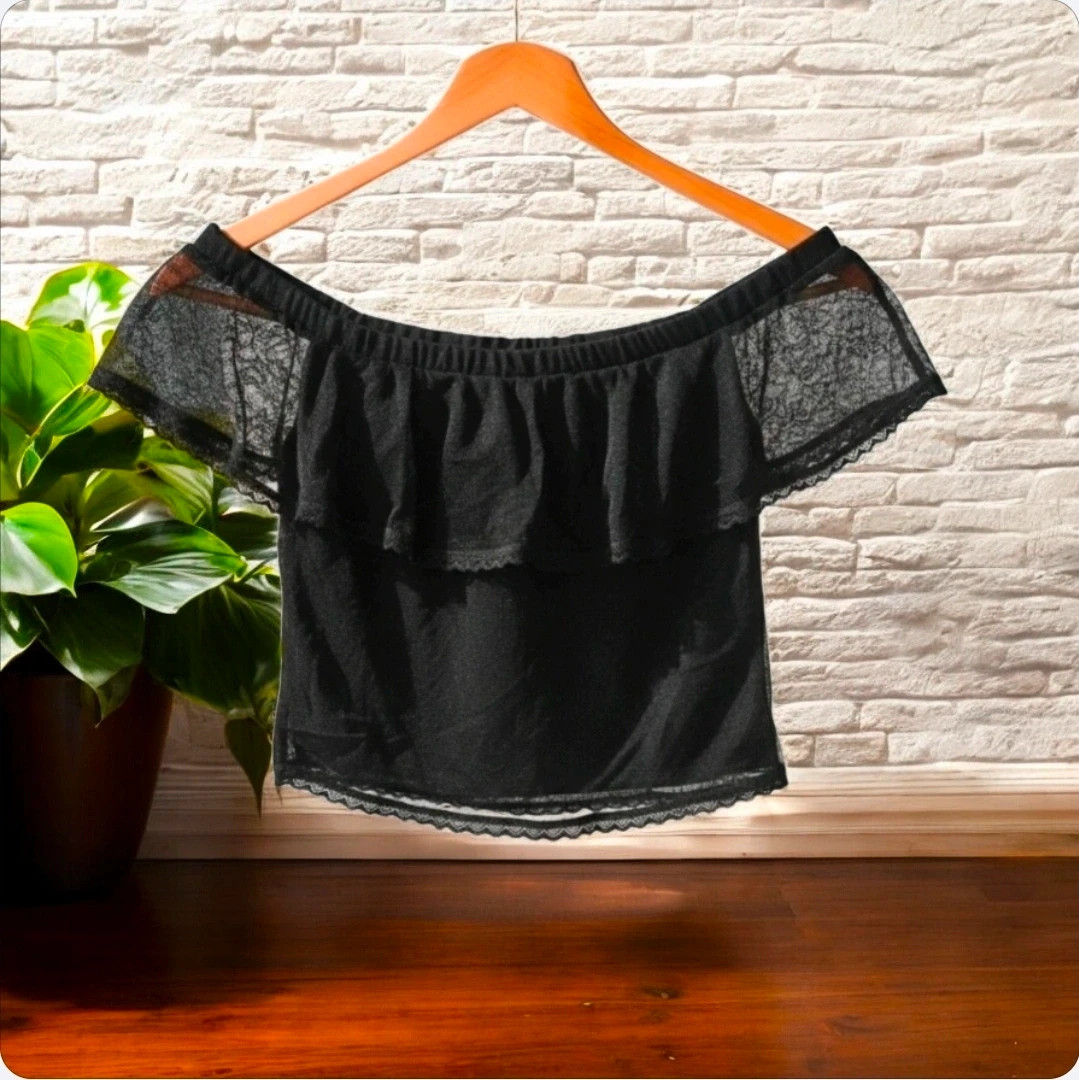 Top H&M talla L negro encaje off shoulder crop elegante – H&M – taille L / 40 / 12