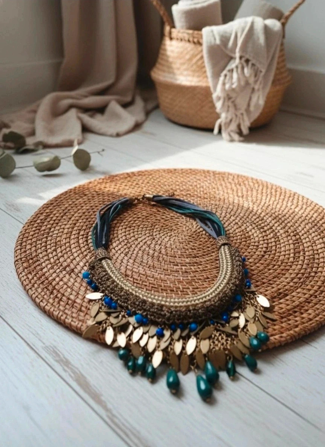 Mango collar boho dorado azul estilo étnico / boho ethnic statement necklace – Mango