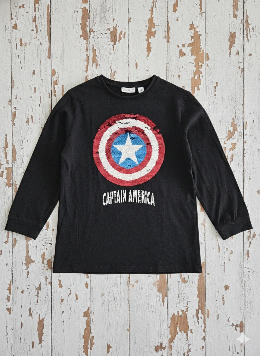 Camiseta Avengers Capitán América niño 7/8 años lentejuelas reversible negra