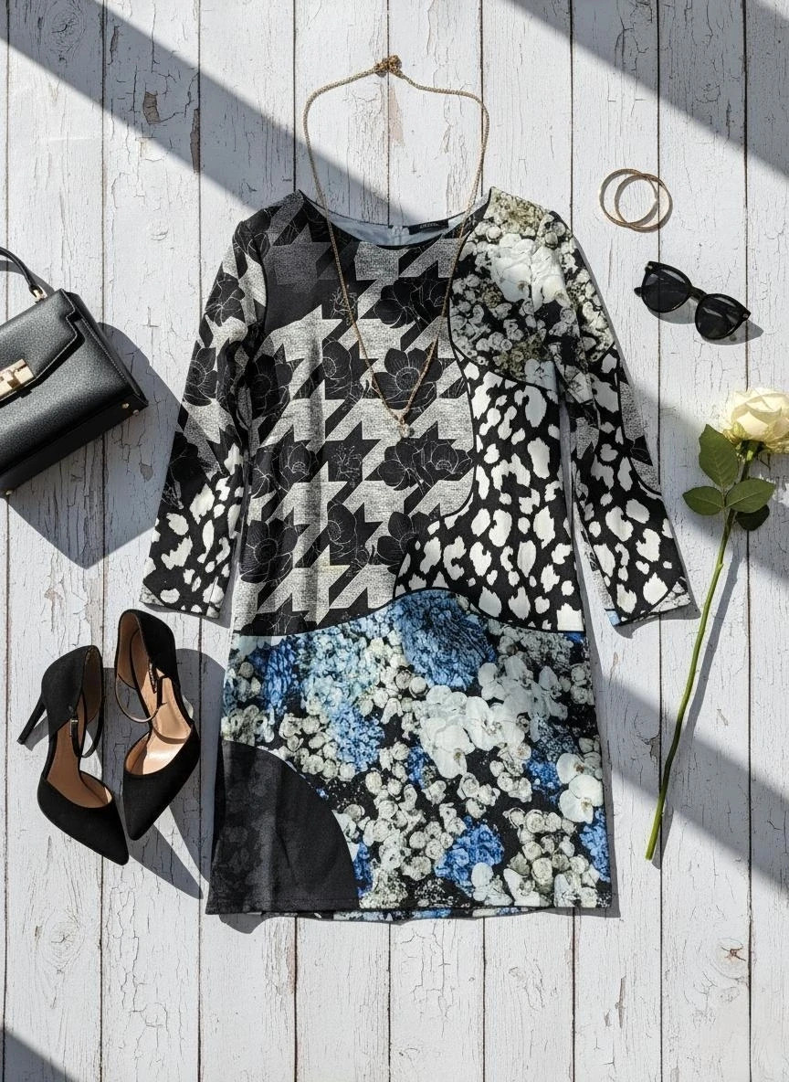 Vestido estampado patchwork floral y animal print corte láser T42 – taille XL / 42 / 14