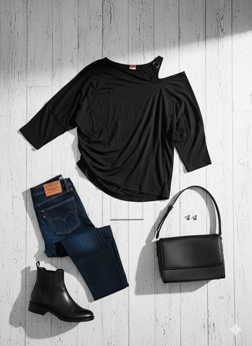 Camiseta Mango By MNG negra · talla M · escote asimétrico con hebilla · manga larga – Mango – taille M / 38 / 10