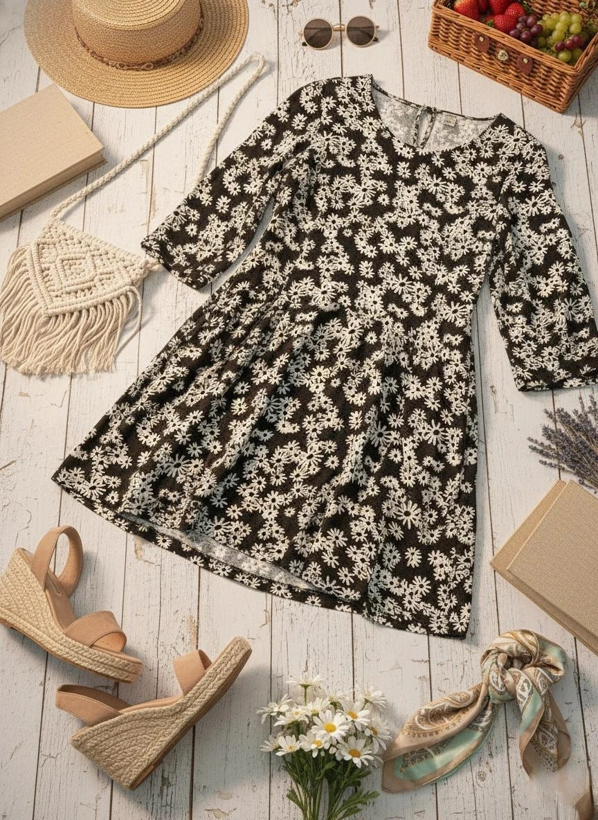 Vestido Forever 21 flores blancas talla L corto manga larga estilo boho vintage