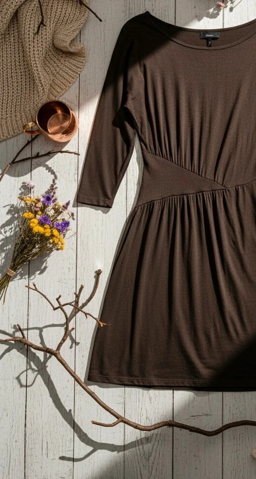 Vestido Sfera marrón talla 40 con cintura fruncida y manga 3/4 estilo casual boho chic – Sfera – taille L / 40 / 12 2