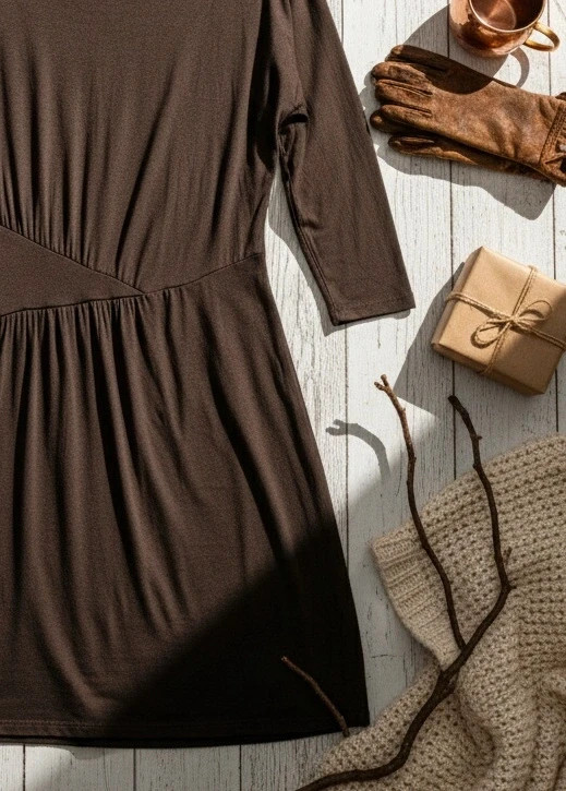 Vestido Sfera marrón talla 40 con cintura fruncida y manga 3/4 estilo casual boho chic – Sfera – taille L / 40 / 12 3