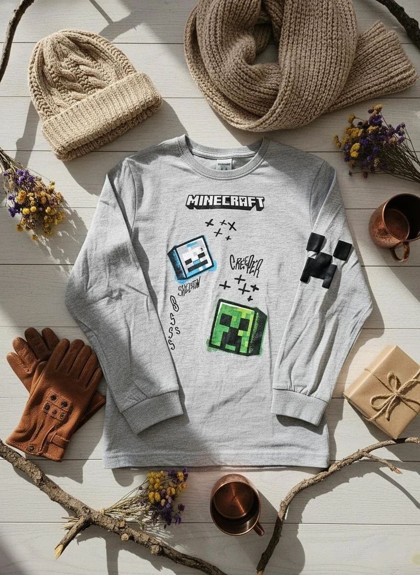 Camiseta Minecraft gris manga larga talla 12 años Creeper Skeleton gamer