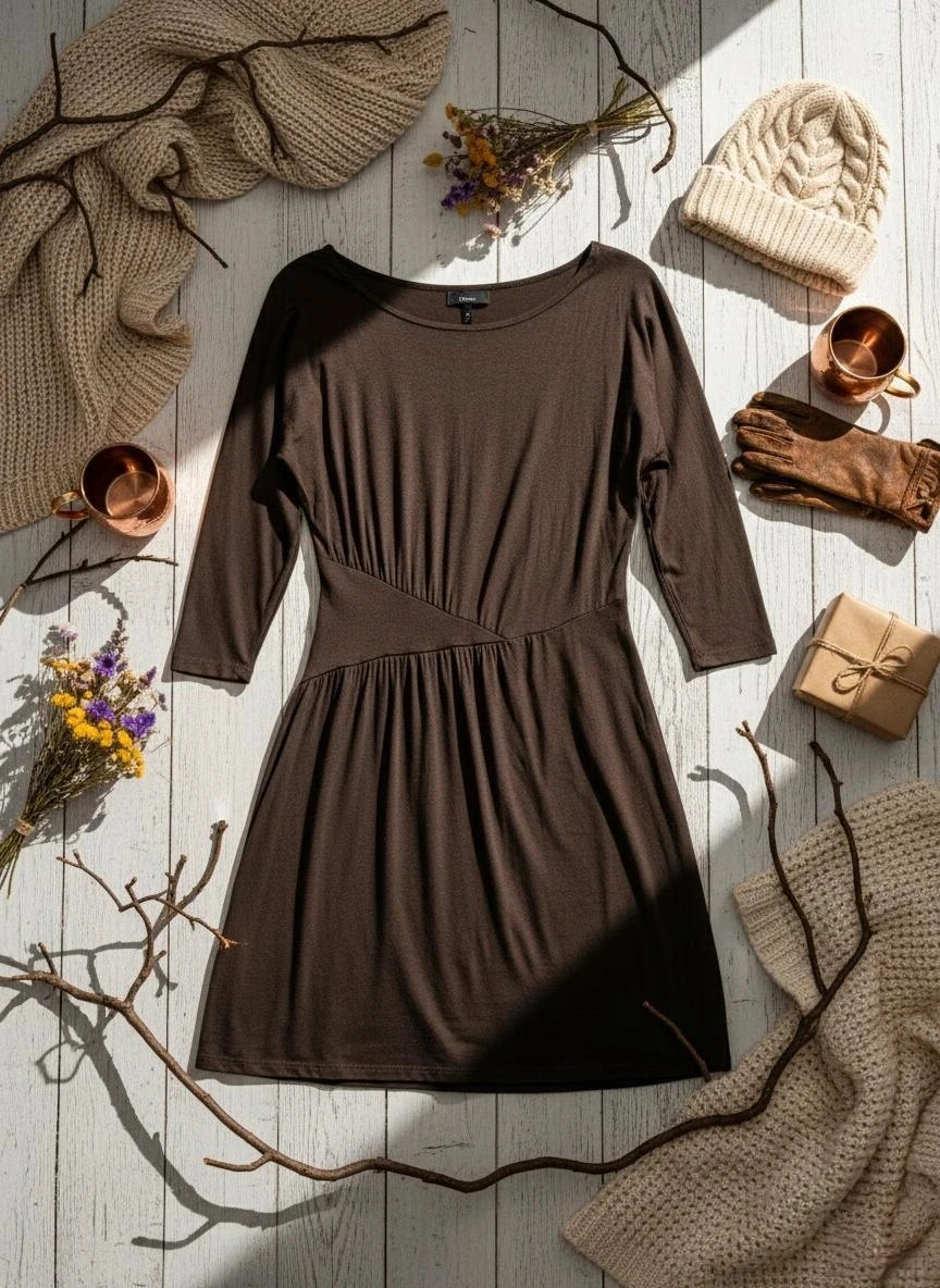 Vestido Sfera marrón talla 40 con cintura fruncida y manga 3/4 estilo casual boho chic